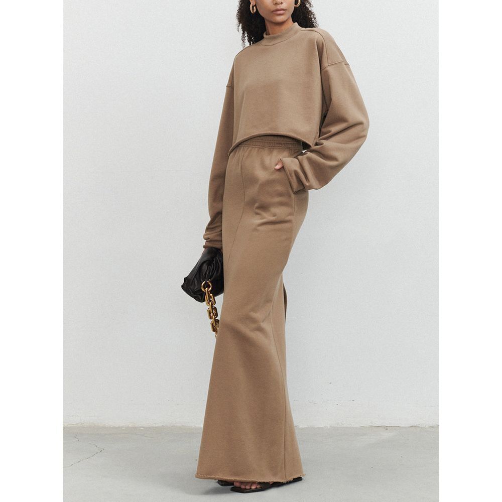 Commense Camel Lounge Maxi Skirt Elastic Waist Front Slit Casual Knit Skirt M